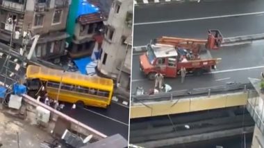 School Bus Accident at JJ Flyover: Two Kids, Cleaner Injured After Driver Rammed Vehicle Into Side Wall of Flyover in South Mumbai; Driver Arrested (Watch Videos)