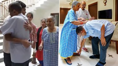 Arvind Kejriwal Back in Jail: Delhi CM Hugs Children, Touches Parents’ Feet Before Leaving for Tihar Jail To Surrender (See Pics and Watch Video)