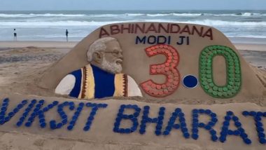 'ABHINANDAN MODI JI 3.0': Artist Sudarsan Pattnaik Creates Sand Sculpture of Narendra Modi at Odisha’s Puri Beach Ahead of Swearing-In Ceremony (Watch Video)