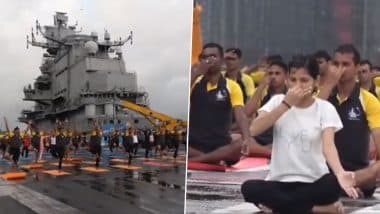 International Yoga Day 2024: Indian Navy's Sea Warriors Perform Yoga on Aircraft Carrier INS Vikramaditya (Watch Video)