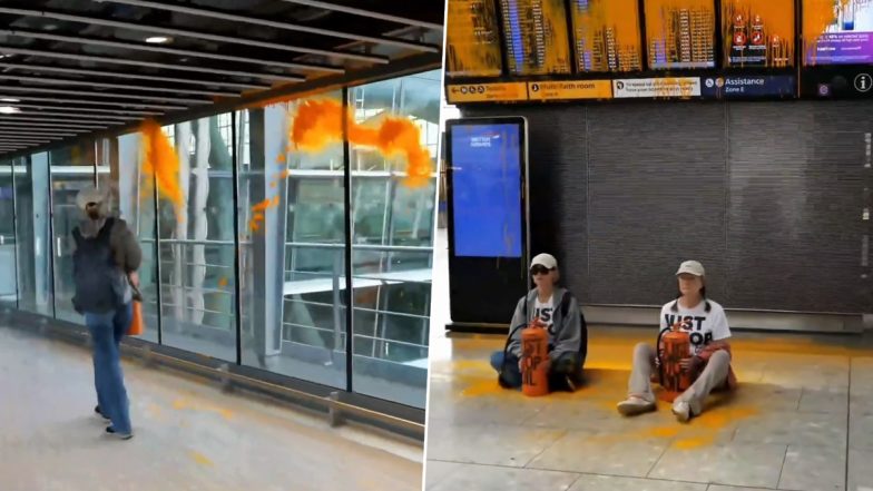 Just Stop Oil Protesters Spray Orange Paint Inside Heathrow Airport’s Terminal 5 (Watch Video)