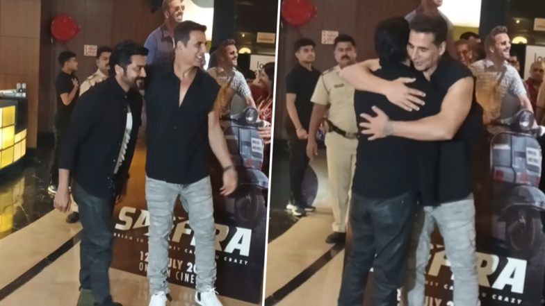 Akshay Kumar and Suriya Share a Warm Hug As They Arrive for ‘Sarfira’ Special Screening in Mumbai (Watch Video)
