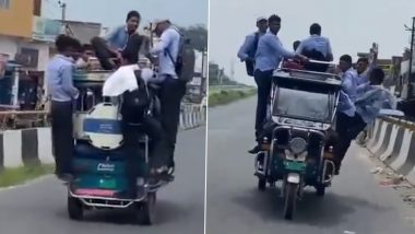 Uttar Pradesh: E-Rickshaw Owner Arrested After Video of School Students Hanging and Sitting Atop Moving Vehicle in Hapur Goes Viral