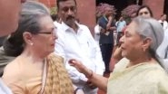Congress Leader Sonia Gandhi and SP&rsquo;s Jaya Bachchan Break Barriers With Smiles, Engage in Laughter and Jovial Conversation Outside Parliament in Rare Unexpected Display of Camaraderie (Watch Video)