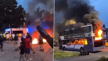 Leeds Riots: Violence Breaks Out in UK City As Residents and Police Clash, Rioter Seen Setting Bus on Fire (Watch Videos)