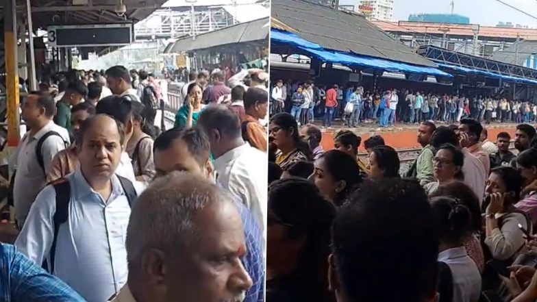 Mumbai Local Train Services Affected on Central and Harbour Lines Due to Heavy Rain; Huge Crowd of Passengers Seen at Dadar, Thane and Vashi Stations (Watch Videos)