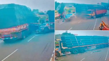 Hyderabad Road Accident: 1 Killed, Another Injured After Three Trucks Collide in Kothur; CCTV Video Surfaces