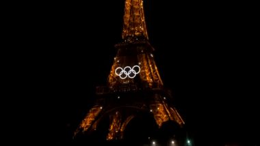 Eiffel Tower Lit Up in Olympic Colours Ahead of Paris Olympics 2024 Opening Ceremony (Watch Video)