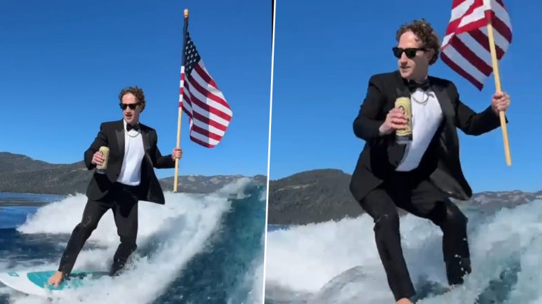 Mark Zuckerberg Viral Video: Meta CEO Posts Video of Him Holding American Flag and Surfing on Water While Sipping Drink on 4th of July, Says ‘Happy Birthday, America’