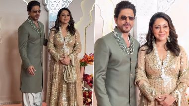 Shah Rukh Khan and Gauri Khan Shine in Regal Attire at Anant Ambani-Radhika Merchant’s Wedding (Watch Video)