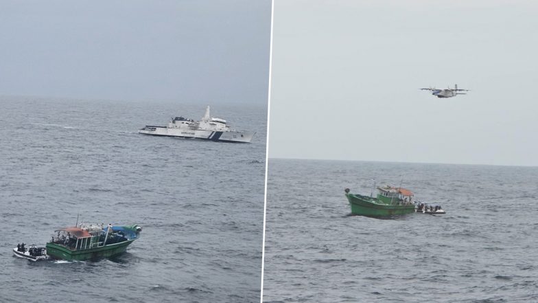 Indian Coast Guard Rescuing Fishing Boat Aashni Amidst Severe Flooding and Engine Failure off Kerala Coast (See Pics and Video)