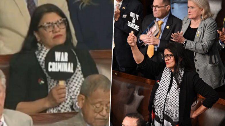 Rashida Tlaib Shows ‘War Criminal’, ‘Guilty of Genocide’ Signs to Benjamin Netanyahu During Israeli PM’s Address in US Congress (Watch Video)