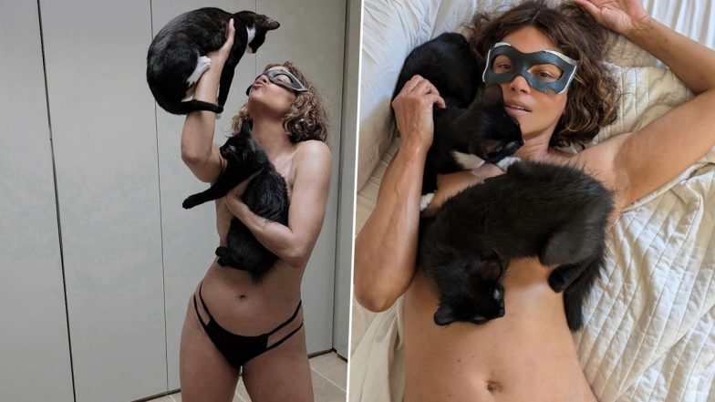 Halle Berry Honours ‘Catwoman’ by Going Topless; Actress Only Wears Black Lingerie and Cuddles Cats in New Sexy Insta Post (See Pics)