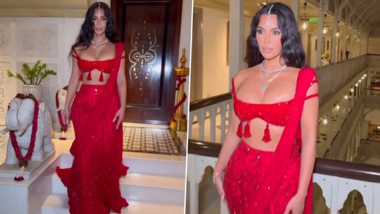 Anant Ambani-Radhika Merchant Wedding: Kim Kardashian Turns Desi Girl in Ravishing Red Saree (Watch Videos)