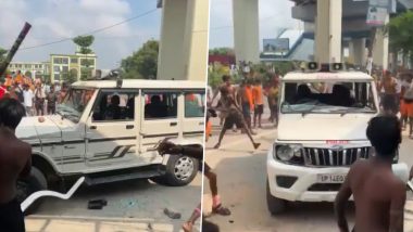 Ghaziabad: Kanwariyas Vandalise Police Jeep After It Enters Lane Reserved for Kanwar Yatris, Driver Arrested (Watch Video)