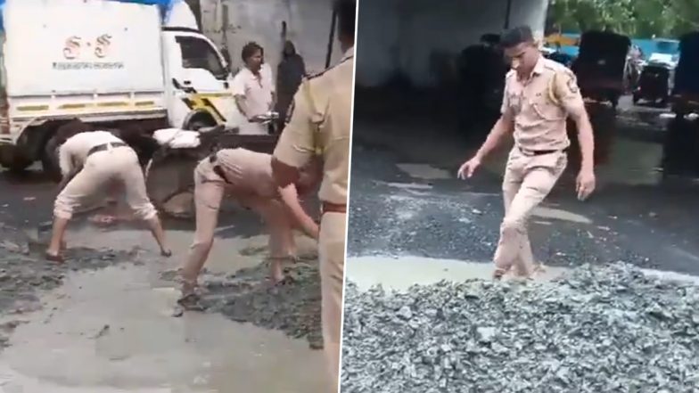 Mumbai Cops Seen Filling Potholes on Mumbai-Nashik Highway Amid Heavy Rains, Congress Takes Jab at BJP, Nitin Gadkari (Watch Videos)