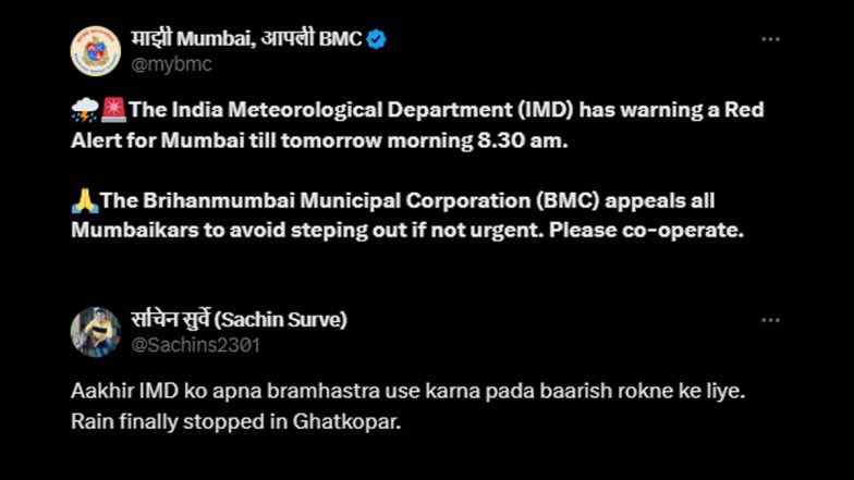 IMD Issues Red Alert for Mumbai! Netizens Thank IMD for Using ‘Bramhastra’ To Stop Rain, Flood X With Funny Memes and Jokes