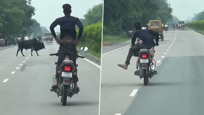 Sitapur: Man Puts Kid’s Life at Risk by Performing Dangerous Stunts on Moving Bike, Arrested After Video Goes Viral