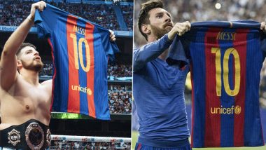 Argentina Boxer La Cobra Holds Out Lionel Messi’s Barcelona Jersey, Recreates Star Footballer’s Iconic Celebration After Winning Fight at Santiago Bernabeu (See Pics and Video)