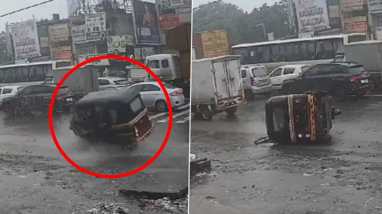 Pune Rains: Autorickshaw Overturns on Potholed Road, Video Surfaces