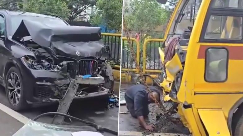 Pune Road Accident: School Bus Carrying 15 Students Collides With BMW SUV in Pimpri-Chinchwad (Watch Video)