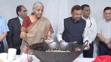 Union Budget 2024–25: FM Nirmala Sitharaman Participates in ‘Halwa’ Ceremony To Mark Final Stage of Budget Preparation on July 23 in Lok Sabha (Watch Video)