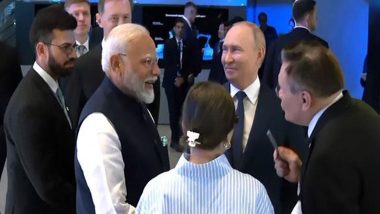 PM Modi Russia Visit: Prime Minister Narendra Modi, Russian President Vladimir Putin Visit Rosatom Pavilion in Moscow (Watch Video)