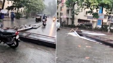 Mumbai Hoarding Collapse: Narrow Escape for Elderly Man As Hoarding Gate Collapses at Powai’s Hiranandani Gardens (Watch Videos)