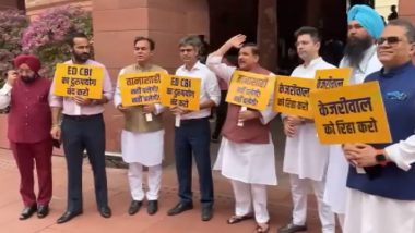 AAP MPs Protest in Parliament Against Alleged Misuse of Central Agencies, Demand Bail for Delhi CM Arvind Kejriwal (Watch Video)