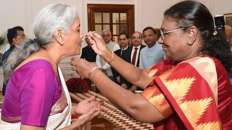 Union Budget 2024: President Droupadi Murmu’s Customary ’Dahi-Cheeni for Finance Minister Nirmala Sitharaman (See Pics)