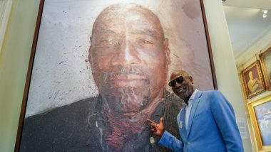 Vivian Richards Poses With His Portrait at Lord’s Cricket Ground During England vs West Indies First Test 2024