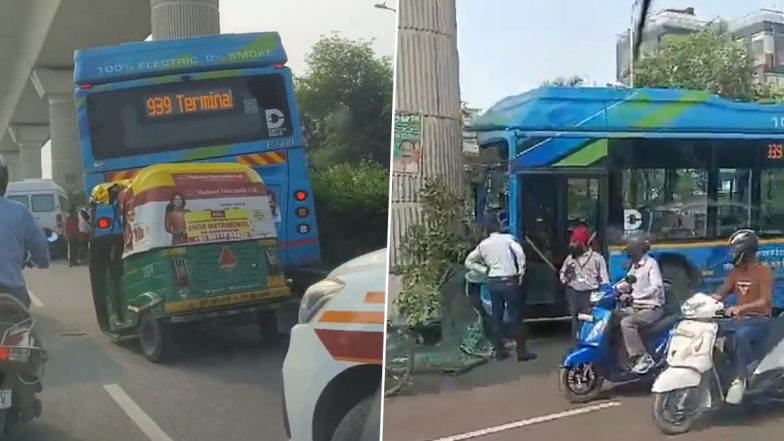 Delhi Bus Accident: Injuries Reported As Speeding DTC Electric Bus Rams Into Metro Pillar, Auto Rear-Ends Vehicle Near Madipur Metro Station, Videos Surface