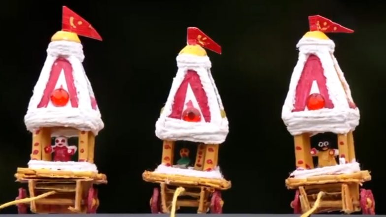 Jagannath Rath Yatra 2024: Odisha-Based Miniature Artist L Eswar Rao Crafts Eco-Friendly Chariots of Holy Trinity Lord Jagannath, Devi Subhadra and Lord Balabhadra (Watch Videos)