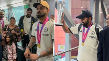 ICC T20 World Cup 2024 Winning Team India Receives Warm Welcome at Delhi Airport, Reaches ITC Maurya (Watch Video)