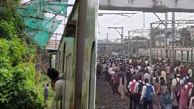 Mumbai: Commuters Walk on Railway Tracks As Local Train Services on Central Line Face Disruption After Bamboo Structure Falls on Overhead Equipment (Watch Video)