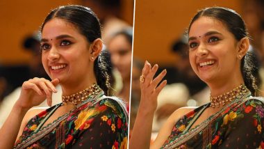 Hot! Keerthy Suresh Looks Sensational in Black Floral Saree and Backless Blouse at ‘Raghu Thatha’ Audio Launch Event (View Pics)