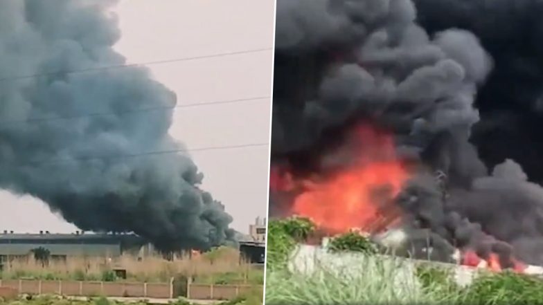 Uttar Pradesh Fire Video: Workers Feared Trapped As Flames Engulfs Mattress Manufacturing Factory in Meerut, Fire Tenders on Scene