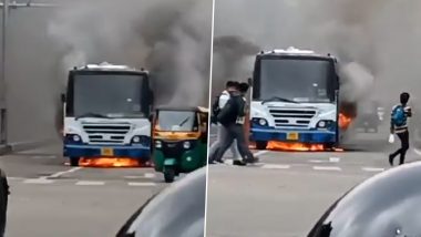 Bengaluru Bus Fire Video: BMTC Bus Engulfs in Flames on MG Road, No Casualties Reported