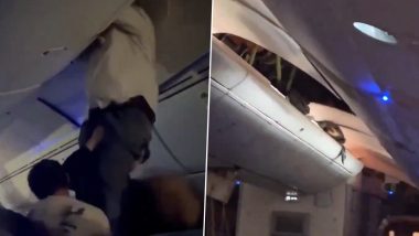 Air Europa Flight 787 Makes Emergency Landing in Brazil After Facing Severe Turbulence, Viral Clip Shows One Passenger Rescued From Overhead Luggage Compartment (Watch Videos)