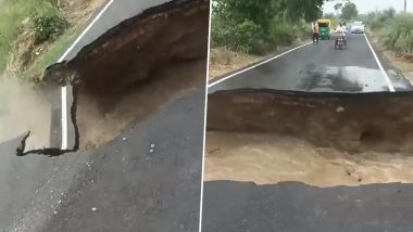Uttar Pradesh Road Collapse: Canal Water Inundates Fields As Newly Constructed Road Gives Away in Muzaffarnagar, Video Goes Viral