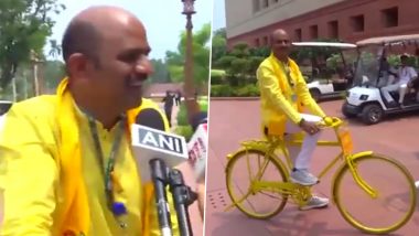 Budget Session 2024: TDP MP Appala Naidu Kalisetti Makes Unique Entrance at Parliament on Yellow Bicycle (Watch Video)