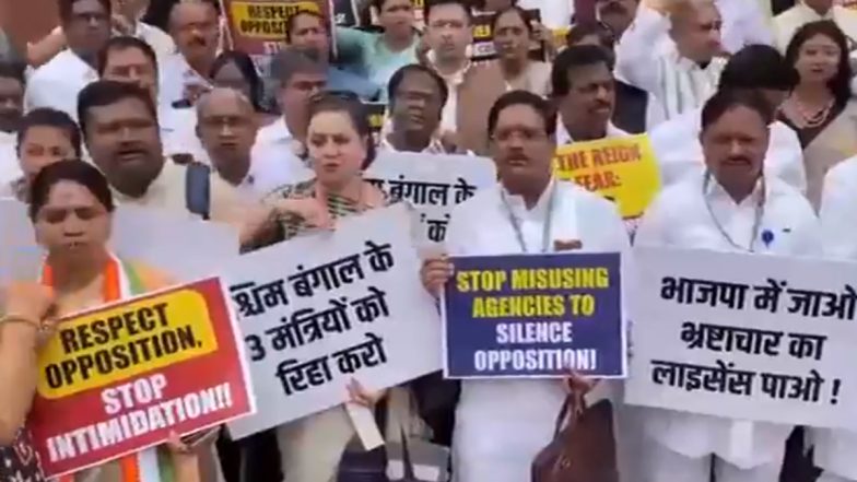 Arvind Kejriwal Arrest: Rahul Gandhi, Raghav Chadha and Other Leaders of INDIA Bloc Protest Over Alleged Misuse of Central Agencies Outside Parliament (Watch Video)