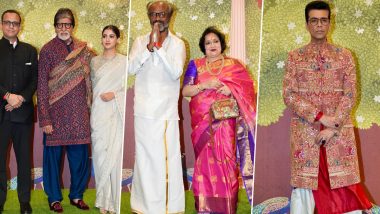 Amitabh Bachchan, Rajinikanth, Karan Johar and Other Celebs Stun in Traditional Attire at Anant Ambani and Radhika Merchant’s Shubh Aashirwad Ceremony (Watch Videos)