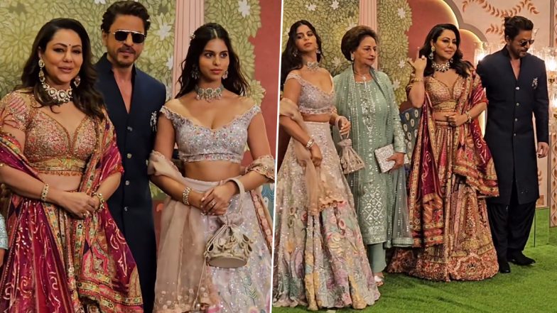 Shah Rukh Khan, Gauri Khan, and Suhana Khan Turn Heads at Anant Ambani and Radhika Merchant’s Shubh Aashirwad Ceremony (Watch Video)