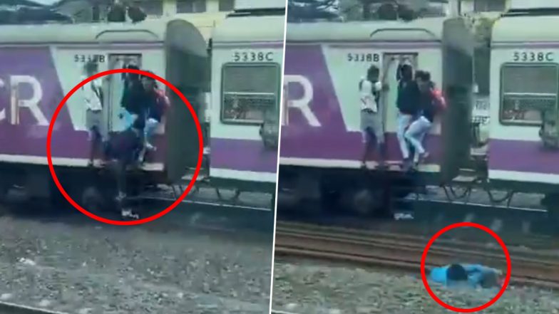 Mumbai Local Train Freak Accident: Man Hanging Outside Moving Train Falls Off After Being Struck by Pole, DRM Mumbai Central Responds to Disturbing Video