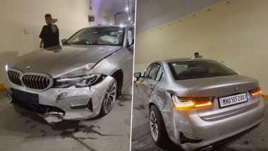 BMW Crashes Inside Mumbai Coastal Road: Luxury Car Loses Control, Collides With Wall at Dharmveer Swarajya Rakshak Chhatrapati Sambhaji Maharaj Coastal Road Tunnel (Watch Videos)