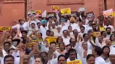 INDIA Bloc MPs, Including Rahul Gandhi Hold Protest Outside Parliament With Placards 'Stop Misusing Agencies to Silence Opposition' (Watch Video)