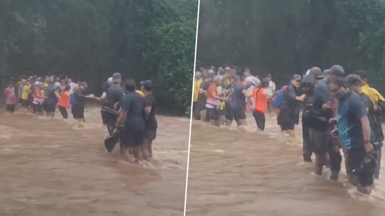 Mumbai Rains: Tourists Form Human Chain in Raging Flood Waters at Sanjay Gandhi National Park in Borivali Amid IMD’s Heavy Shower Weather Forecast (Watch Video)