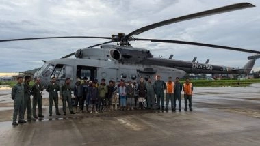 India News | Assam Floods: IAF Helicopter Rescues 13 Fishermen Marooned in Brahmaputra