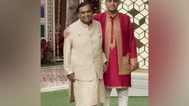 Entertainment News | Mukesh Ambani Poses with Son Akash Ambani at Anant-Radhika's Haldi Ceremony